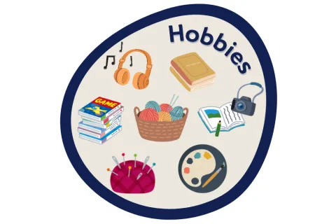 Various hobby items including knitting, painting, and music